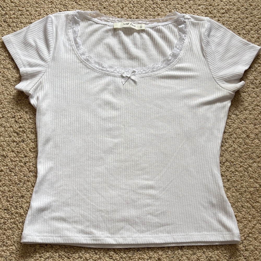 White Lace-Trim Ribbed Scoop Neck Short Sleeve Top